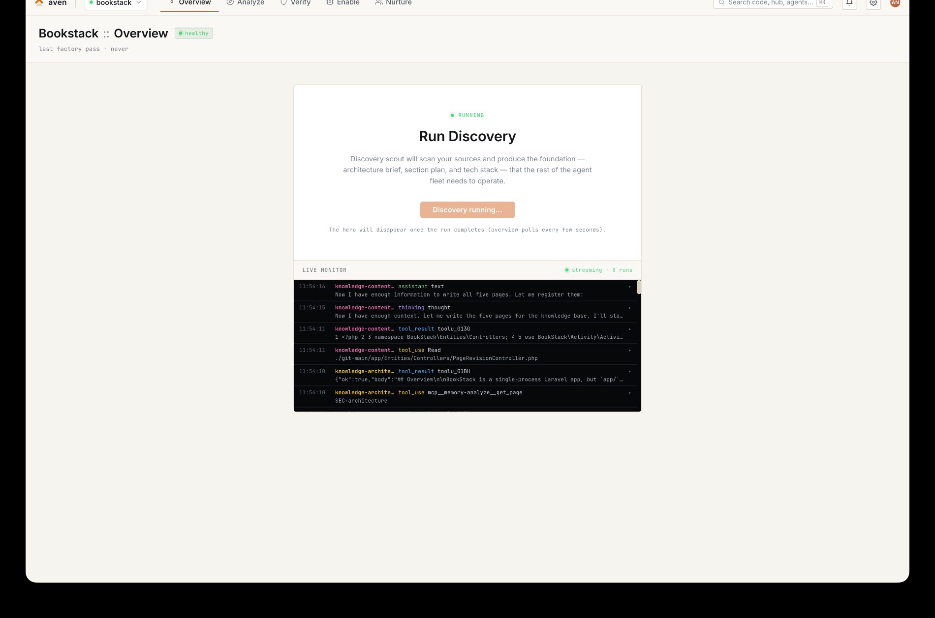 Aven Overview — the Bookstack project dashboard with run discovery hero and live monitor.