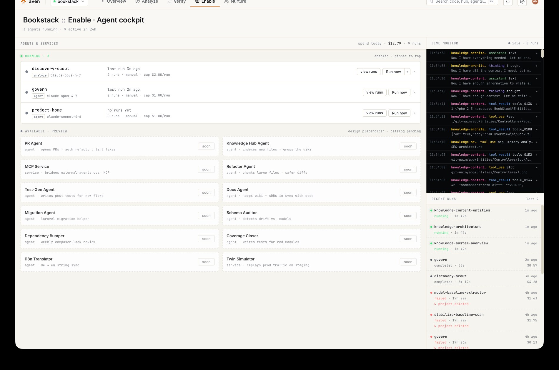 Aven Enable — the agent cockpit showing running agents, live monitor and action history.