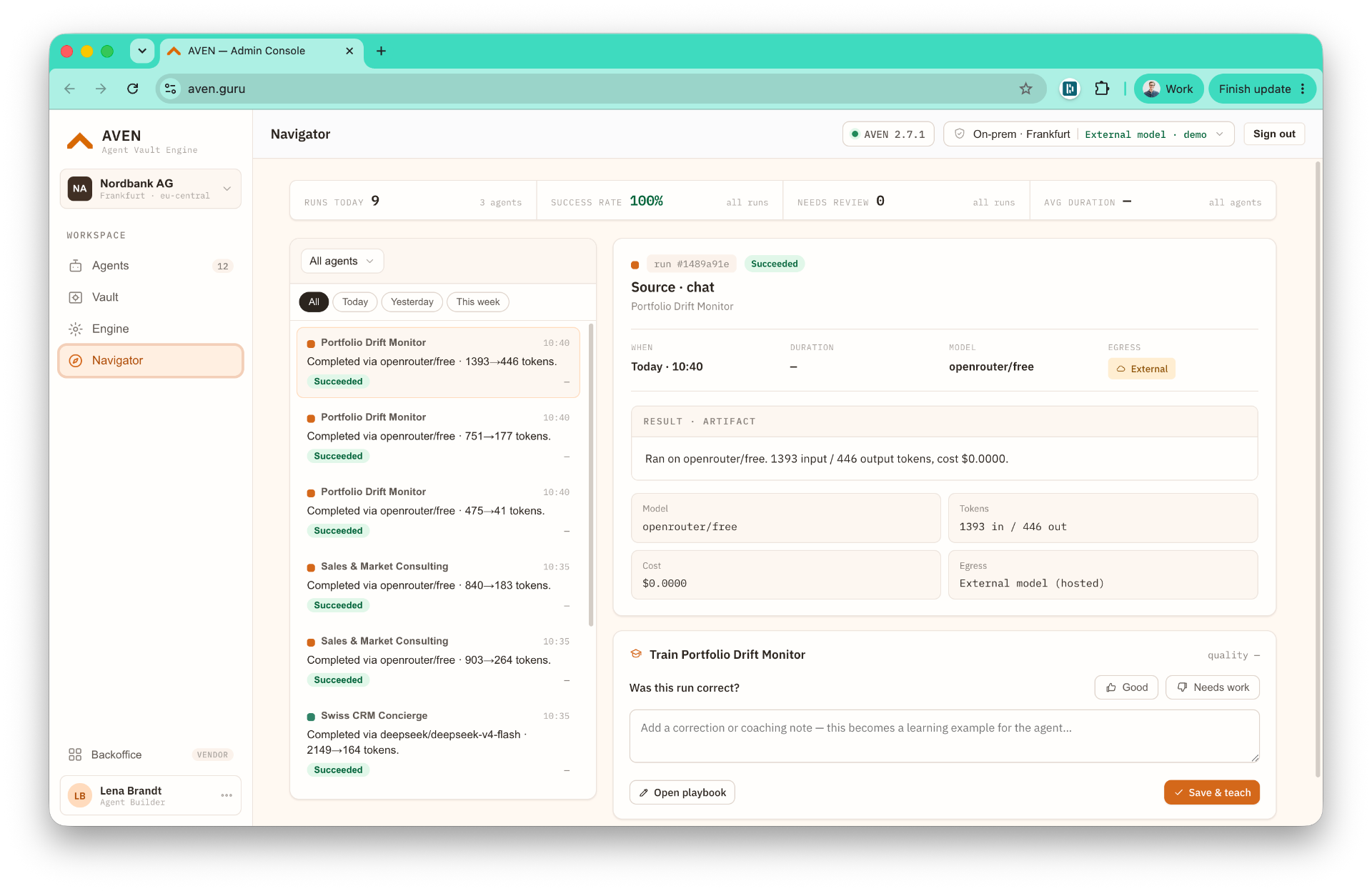 AVEN Navigator. Orchestration cockpit with run-by-run audit trail.